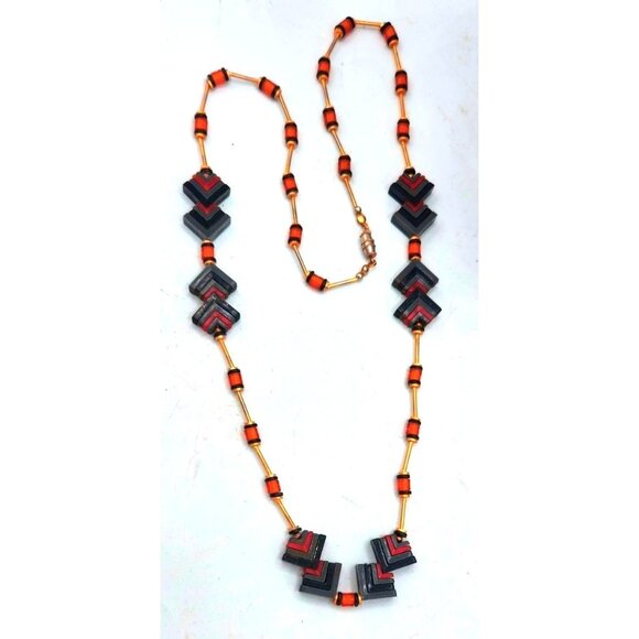 Vintage Chevron Shaped Beads -  Gray, Amber,  Bead Necklace - Picture 1 of 5